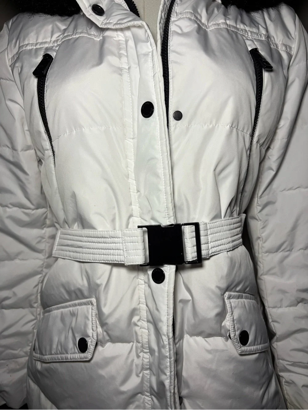 Michael Kors White Puffer Coat with Black Fur-Trim Hood